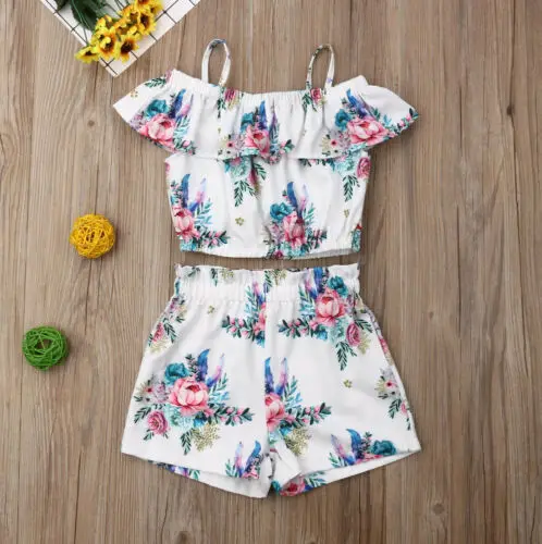 Дети комплект одежды для маленьких девочек с открытыми плечами цветок на полях