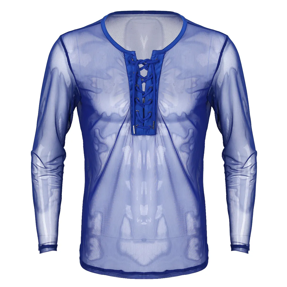 Blue Мужские модные сексуальные футболки, на шнуровке, Wetlook, сетчатый пуловер с длинным рукавом, футболка, Клубная одежда, костюмы, Майки для вечеринки - Цвет: Blue
