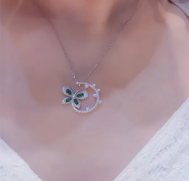 SLJELY Luxury 925 Sterling Silver Mentha Mint Green Cubic Zirconia Butterfly Flower Pendant Necklace Fine Women Brand Jewelry | Украшения и
