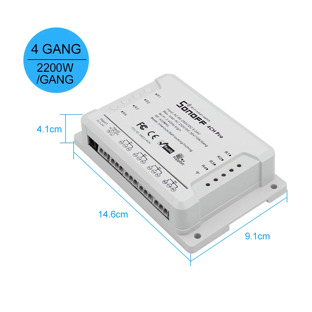 SONOFF 4CH Pro R2 ITEAD RF 433 МГц 4 банда WiFI переключатель 3 режима работы инчинг/самоблокировка/Блокировка WiFi смарт-переключатель для Alexa