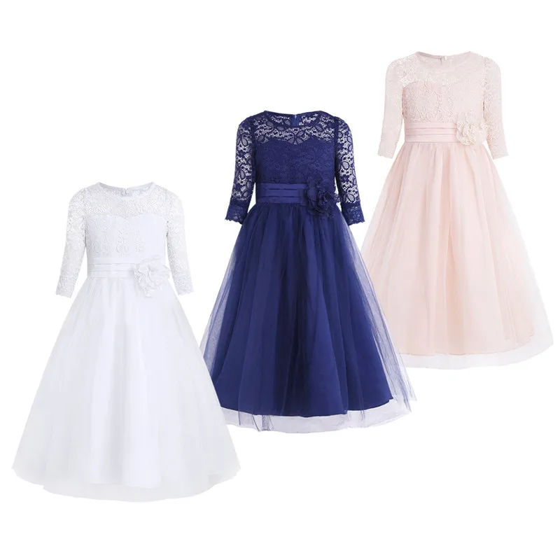 Детское белое кружевное платье принцессы с цветочным рисунком Сетчатое длиной