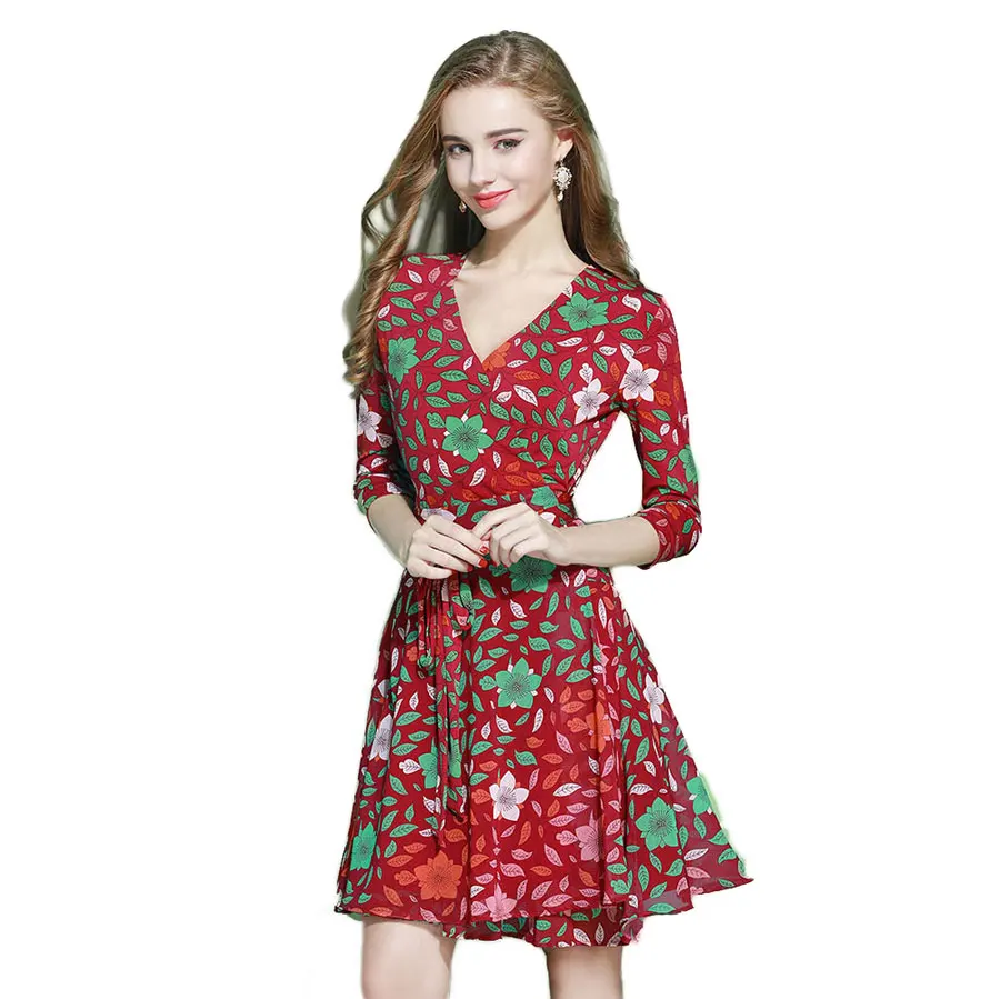 Woman Vintage Summer Dresses 2019 Ladies V-Neck Cherry Blossom Print Milk Silk Patchwork Chiffon Wrap Dress | Женская одежда
