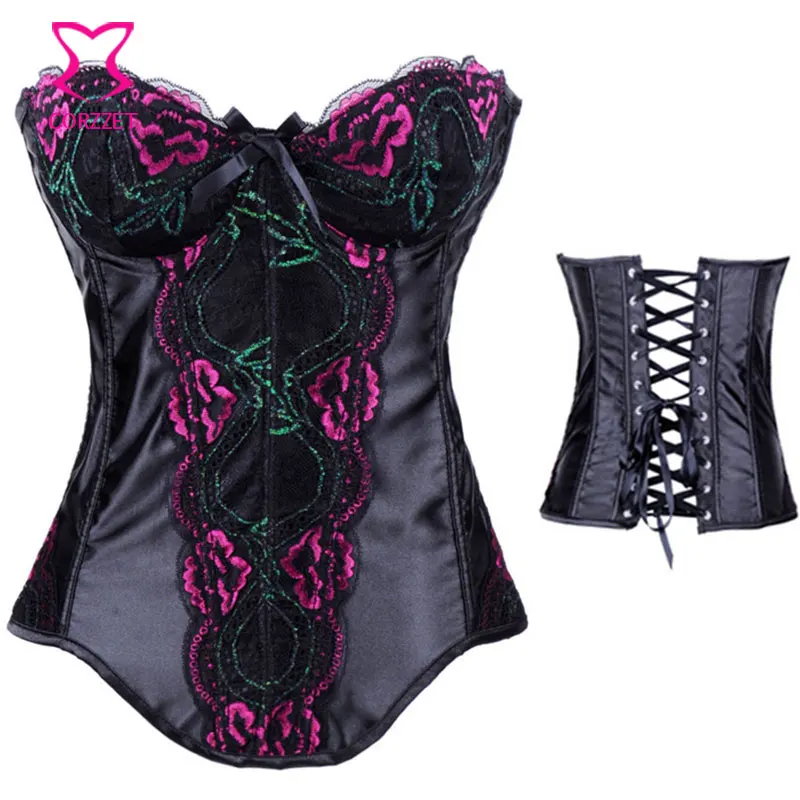 Черный атласный Цветочный вышитый без бретелек сексуальный Викторианский