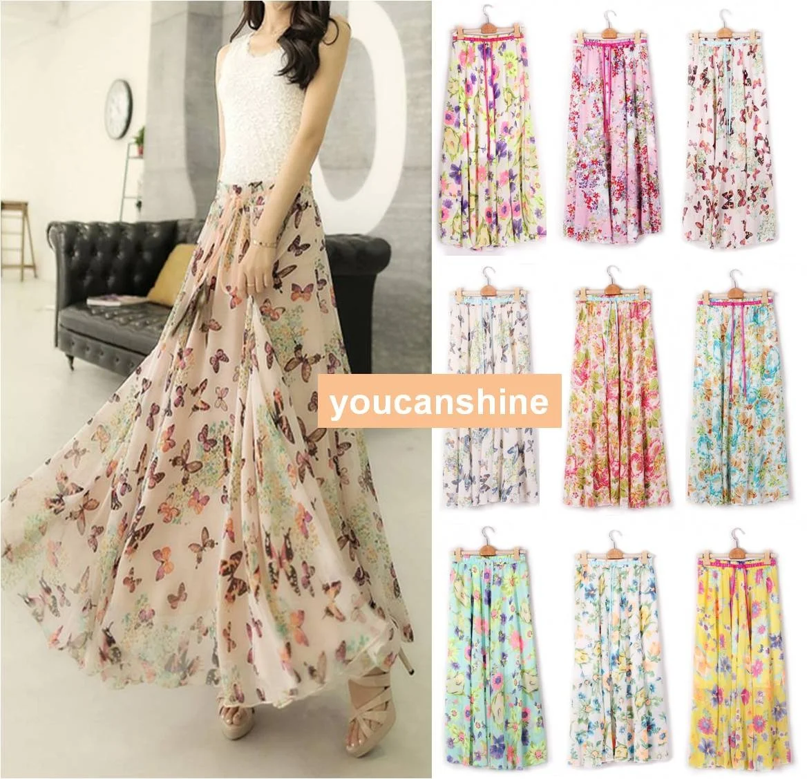 Womens Pleated Boho Bohemia Beach Flower 2 Layer Elastic Waist Long Skirt New | Женская одежда
