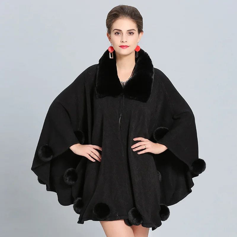 Плащ женский вязаный из искусственного лисьего меха однотонный длинный теплый