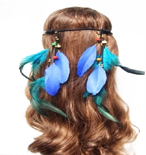 

Bohemian Tribal Handmade Ethnic Gypsy Headband African Wood Beaded Blue Feather Girl Hairband Hair Clip Hair Jewelry Accessories