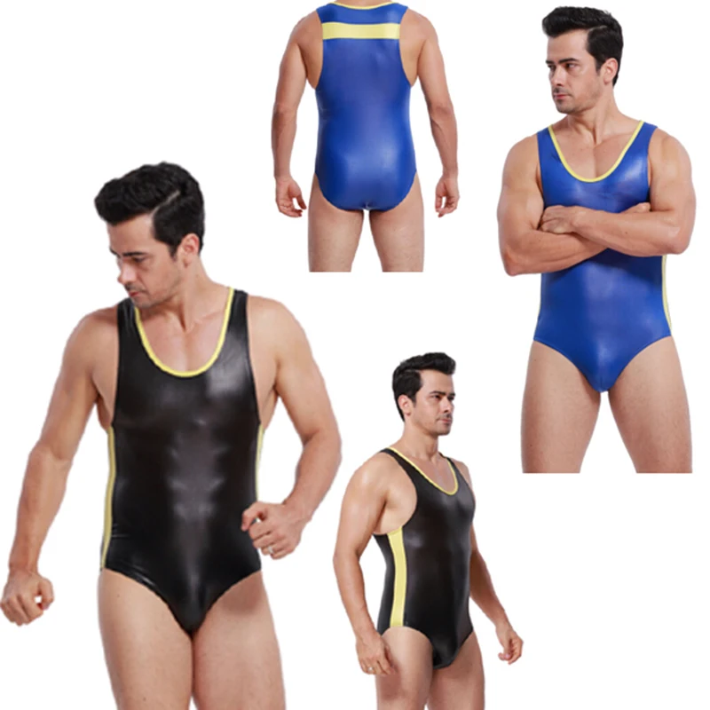 

2016 High Quality Mens Faux Leather Latex Teddy Bodysuit PU Stretchable Leotard Swimwear Catsuit Exotic Gay Male Slips Lingerie