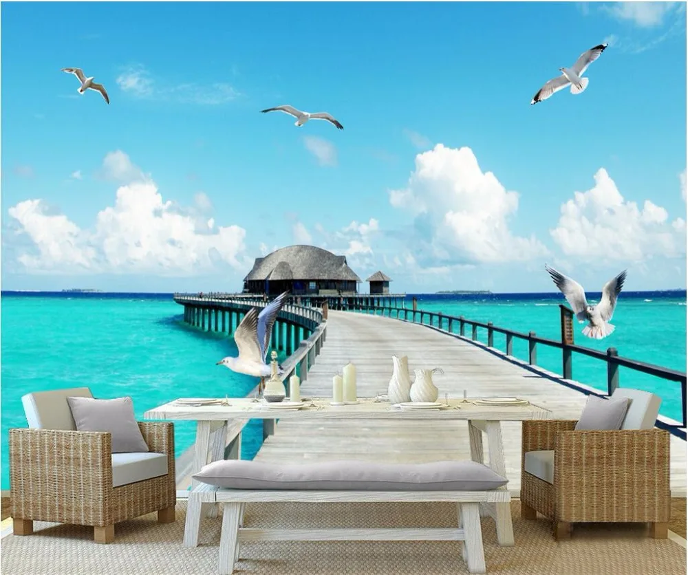 

Фотообои 3d на стену, с изображением моста, травы, чайки, для гостиной