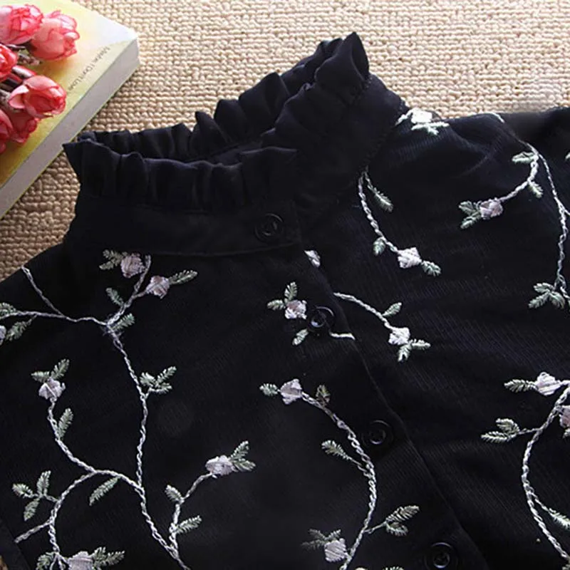 Женская рубашка с вышивкой имитация воротника Ретро стиль черный цвет веточки