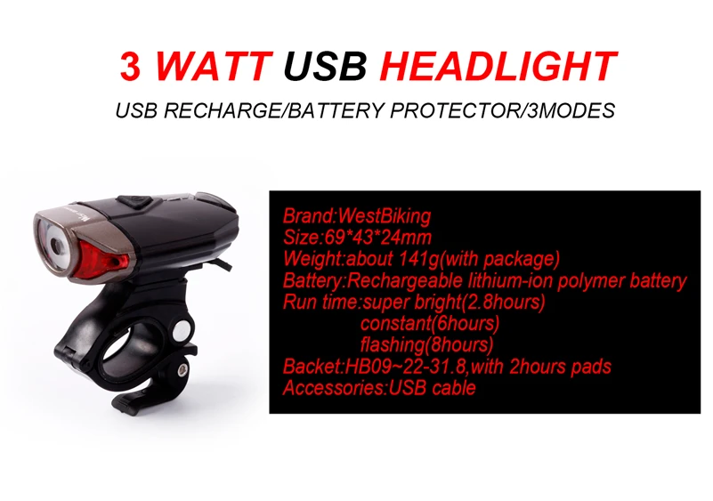 WEST BIKING USB Перезаряжаемые Водонепроницаемый IP45 велосипеда светлый светодиод передний велосипедный легкий безопасный дорожный велосипедный руль нашлемный свет