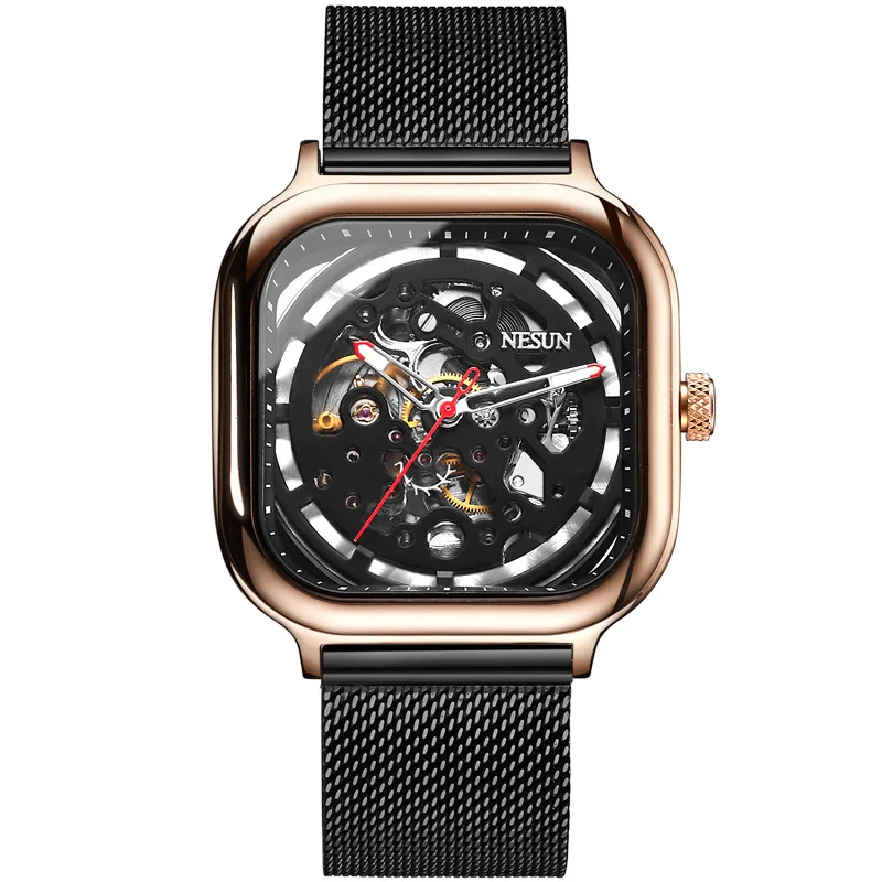 Rose gold Механические часы Nesun со скелетом, мужские модные водонепроницаемые автоматические квадратные часы, швейцарский роскошный бренд, Relogio Masculino 9500 - Цвет: Rose gold