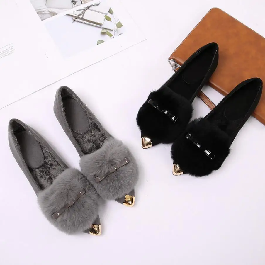 Женская обувь с бантиком из кроличьего меха размера плюс 43 остроконечный