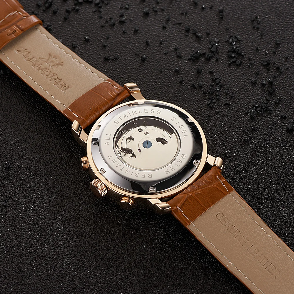 OUYAWEI Men's Mechanical Wrist Watch Luxury Rose Gold Male Clock Casual Leather Band Multifunctional Auto Date Wristwatch | Наручные