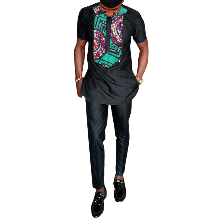 Black African clothing men's print set shirt with trouser patchwork Ankara pant sets customized wedding wear male formal outfits | Мужская