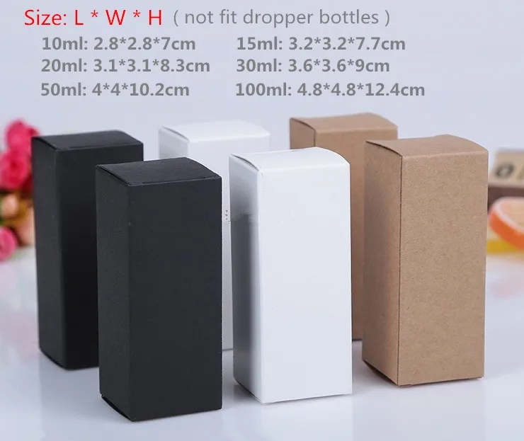 100pcs/lot-10ml/15ml/20ml/30ml/50ml/100ml White Black Kraft Paper Box Essence Oil bottle Cosmetics Party Gift box valve tubes
