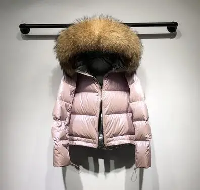 pink coat brown fur Зимнее пальто из натурального меха енота, Женская Толстая теплая пуховая парка с капюшоном, женский пуховик на белом утином пуху, водонепроницаемая Свободная куртка - Цвет: pink coat brown fur