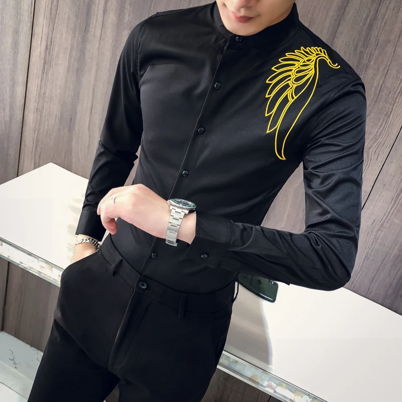 Фирменная Новинка Для мужчин платье рубашка мода осень Вышивка Slim Fit рубашки