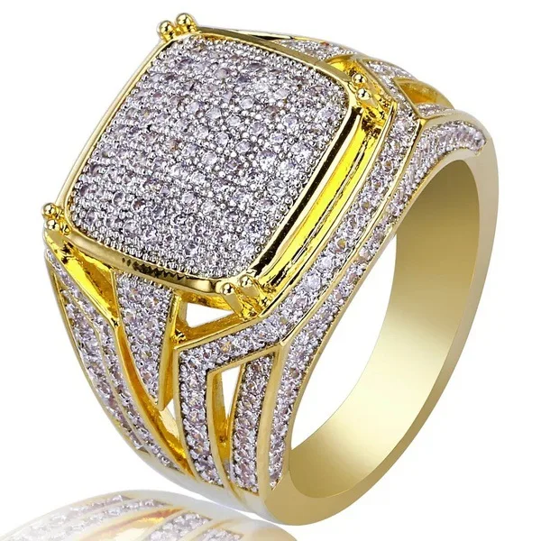 High Quality Vintage Mens Signet Rings Full With Stone CZ Crystal Gold Ring Men Jewelry Wedding Band Engagement Fashion | Украшения и