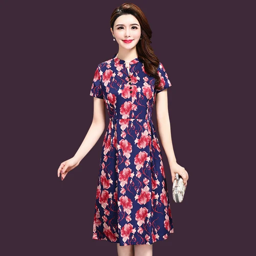 2021 Spring Summer Fashion Short Sleeve Silk Women Dress New Style Big Code Exquisite Printed Elegant Temperament Female Dresses | Женская