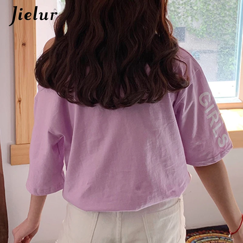Jielur сексуальная розовая фиолетовая футболка с открытыми плечами Женская Милая в