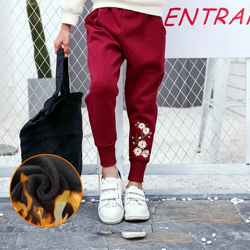 Autumn Winter 3D Embroidery Thick Harem Pants For Girls Trousers Child Fashion Warm Fleece Elastic Waist Kids | Детская одежда и