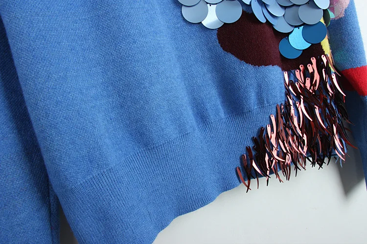 New Runway 2019 Autumn Women's Sweaters Luxury Sequined Patchwork Basic Knitted Female Loose Jumper Casual Sweater High Quality | Женская