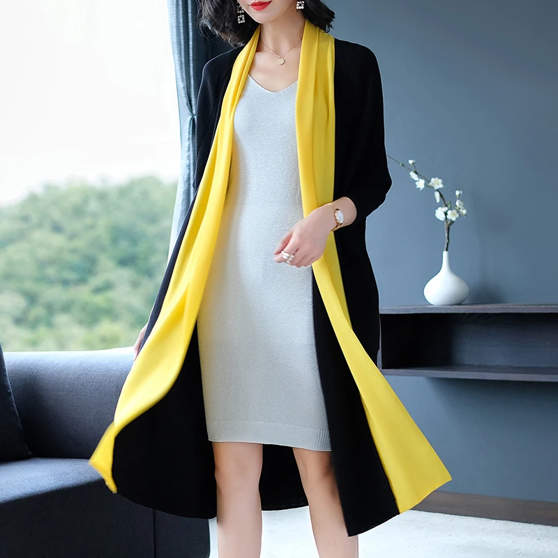 JANELUXURY Brand Women's Temperament Long Cardigan 2019 Autumn Winter New Fashion Hit Color Knit Sweater Casual Outwear |