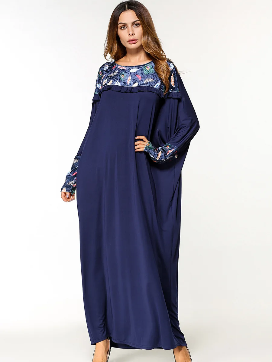 Модное темно-синее женское мусульманское платье abaya с круглым вырезом и рукавами «летучая мышь» Marokkaanse кафтан большого размера дубайское турецкое исламское платье