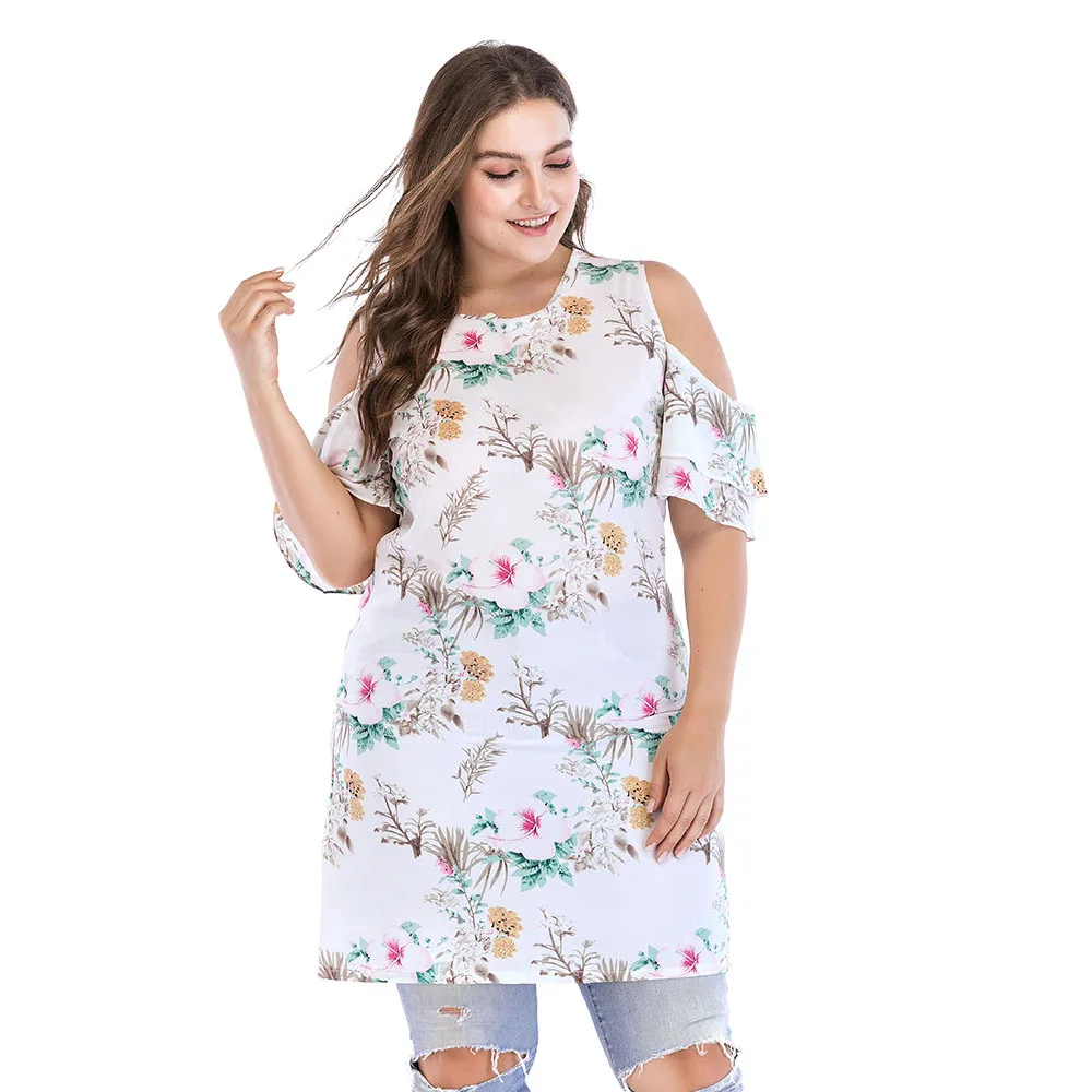 

Print Floral Dress COLD Shoulder Plus Size 5XL 4XL 3XL Knee Length Casual Woman Dresses Ruffles Short Sleeve DRESS CM289