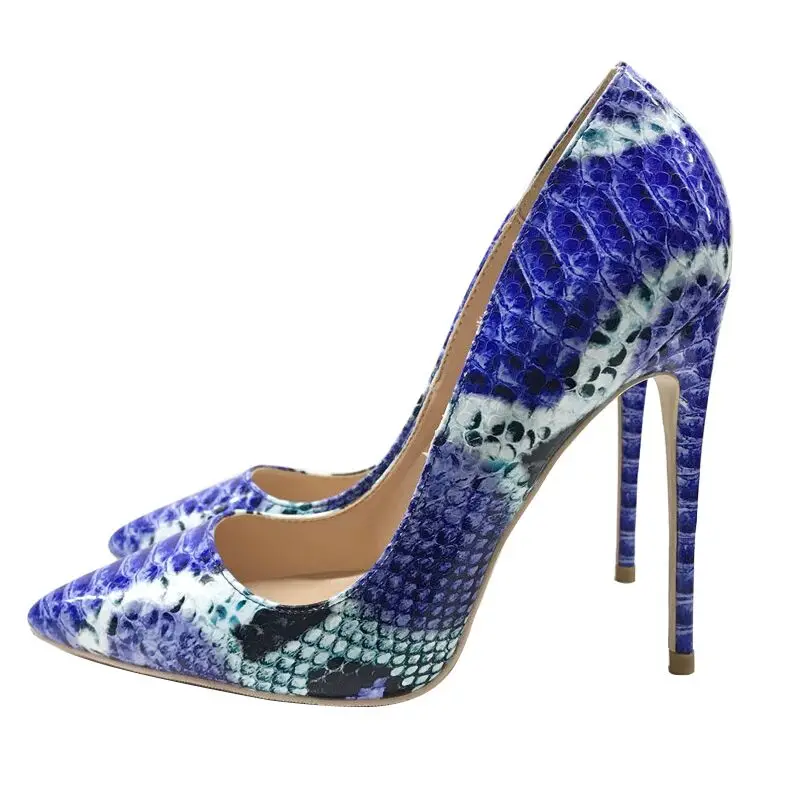 

Blue snakeskin high-heeled shoes Women's super-fine heel pointed single shoes Women's 12cm etiquette work shoes 10cm banquet sho