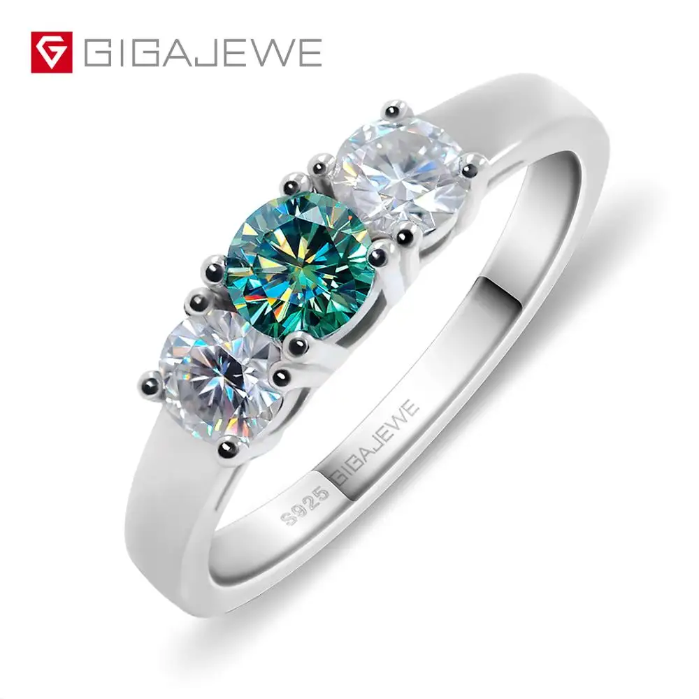 GIGAJEWE всего 1.0ct EF/зеленый VVS1 Круглый отличная огранка алмаз тест прошел Муассанит 925 Серебряное кольцо ювелирные изделия подарок девушке