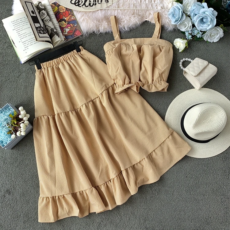 Цвет: желтый ALPHALMODA/ летний укороченный топ+ юбка трапециевидной формы, женский милый комплект из 2 предметов, куртка и юбка в клетку с высокой талией - Цвет: Цвет: желтый