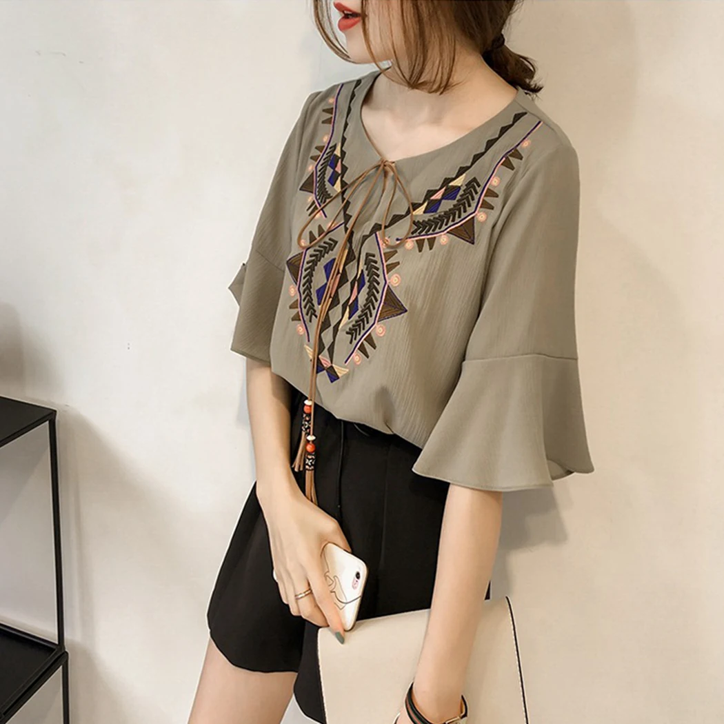 Винтажная народная блузка с вышивкой женская шифоновая рубашка расклешенным