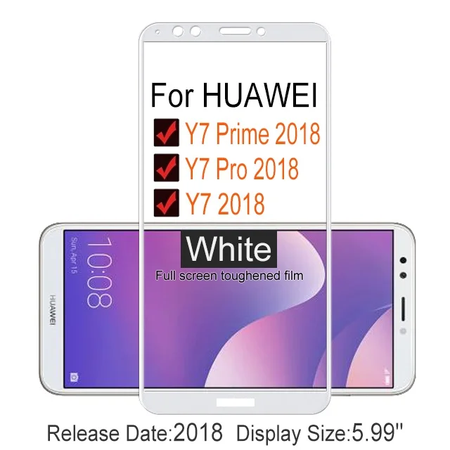 Y7 Prime 2018 White 2 предмета в комплекте, Полный Обложка Экран протектор Закаленное Стекло для huawei Y7 pro prime 5,9" с уровнем твердости 9H Стекло для y-7 y7 Пленка чехол - Color: Y7 Prime 2018 White