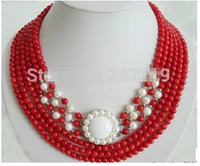 6 rows red coral white pearl 18kwgp flower clasp pendant necklace wholesale lovely womens wedding jewelry