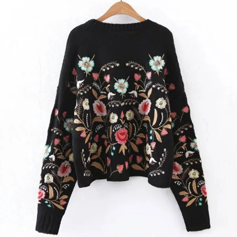 Symmetric Botanical Embroidered Jumper Black Long Sleeve Casual Boho Pullovers 2017 Autumn Ladies Sweaters | Женская одежда