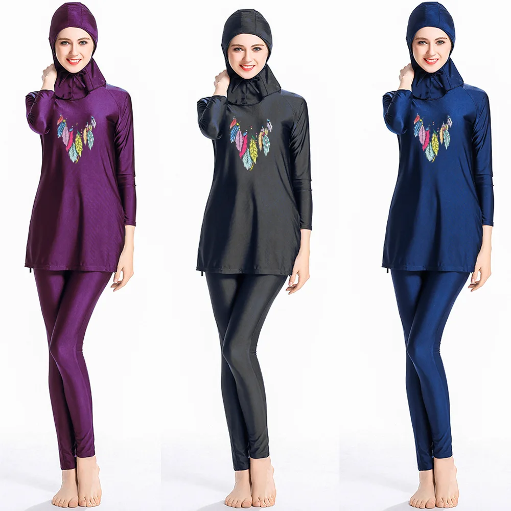 

2021 Swimwear Women Islam Modest Muslim Three Piece Full Cover Islamic swimsuit Long Sleeve Printed Plus Size Hijab Beachwear