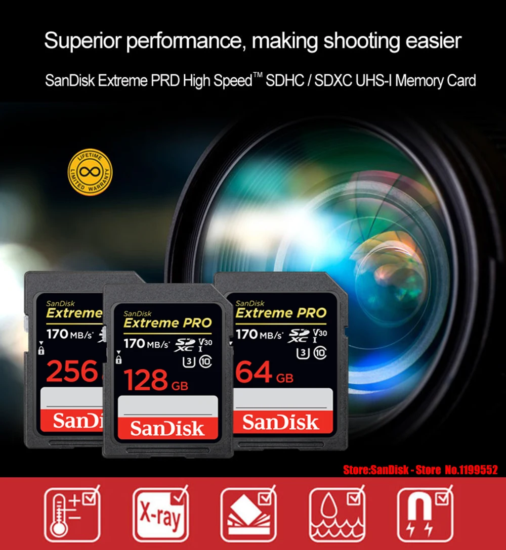 SanDisk SD карта 16 ГБ 32 ГБ 64 Гб 128 ГБ 256 Гб карта памяти 80 МБ/s-95MB/с для Canon Nikon SLR Камера Съемки 4K видео