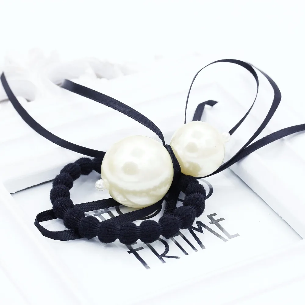 

2 Big White Sleek Simulated Pearl Thin Ribbon Ties Bow Nodes Elastic Hair Bands Hair Accessories Women Headwear Ponytail Holder
