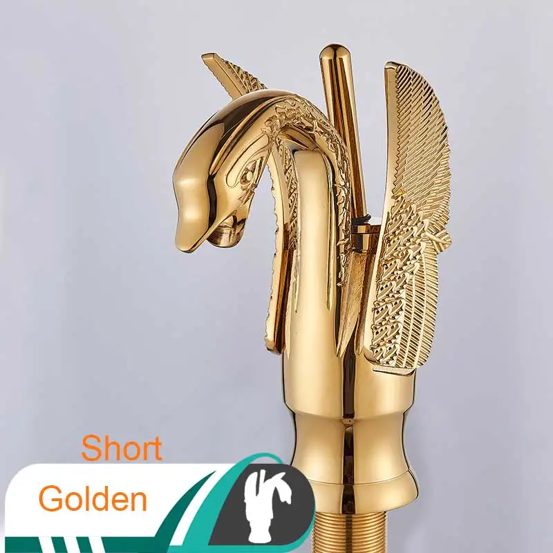 Short Golden Смеситель в форме лебедя для ванной комнаты, кран с креплением на одно отверстие, краны для воды с горячей и холодной водой, золотой цвет, кран для раковины, одна ручка - Цвет: Short Golden