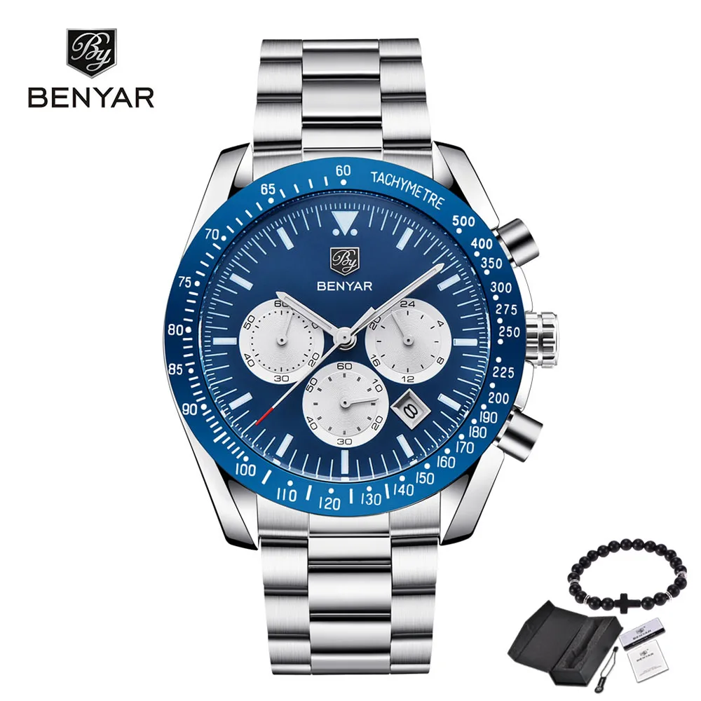 steel Silver blue Топ люксовый бренд BENYAR мужские часы спортивные бизнес Стальные кварцевые часы повседневные мужские наручные часы с хронографом Relogio Masculino - Цвет: steel Silver blue