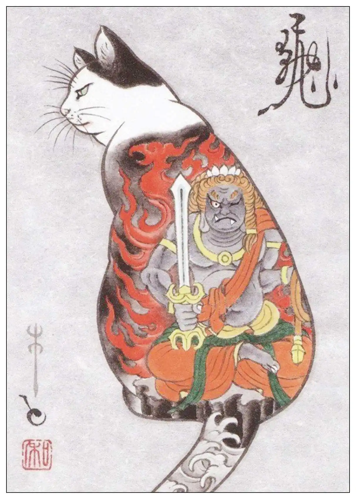 Японский кот-Самурай, тату Кот, плакат, настенный арт, домашний декор, белая бумага с покрытием, печать, настенная наклейка