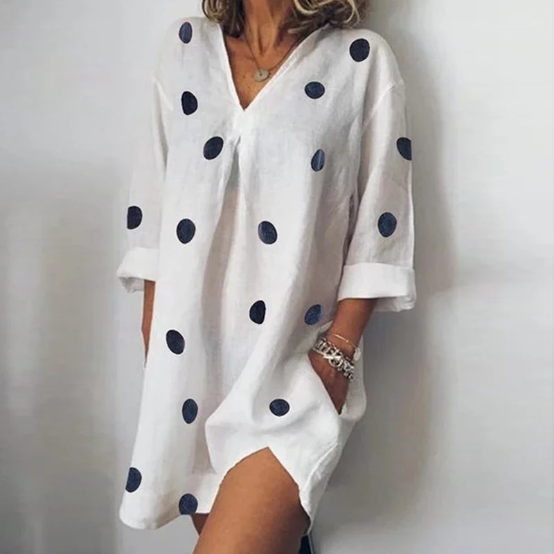 Women Irregular Linen Cotton Summer Dress 2020 Half Sleeve Mini Casual Dot Print V Neck Shirt 5XL | Женская одежда