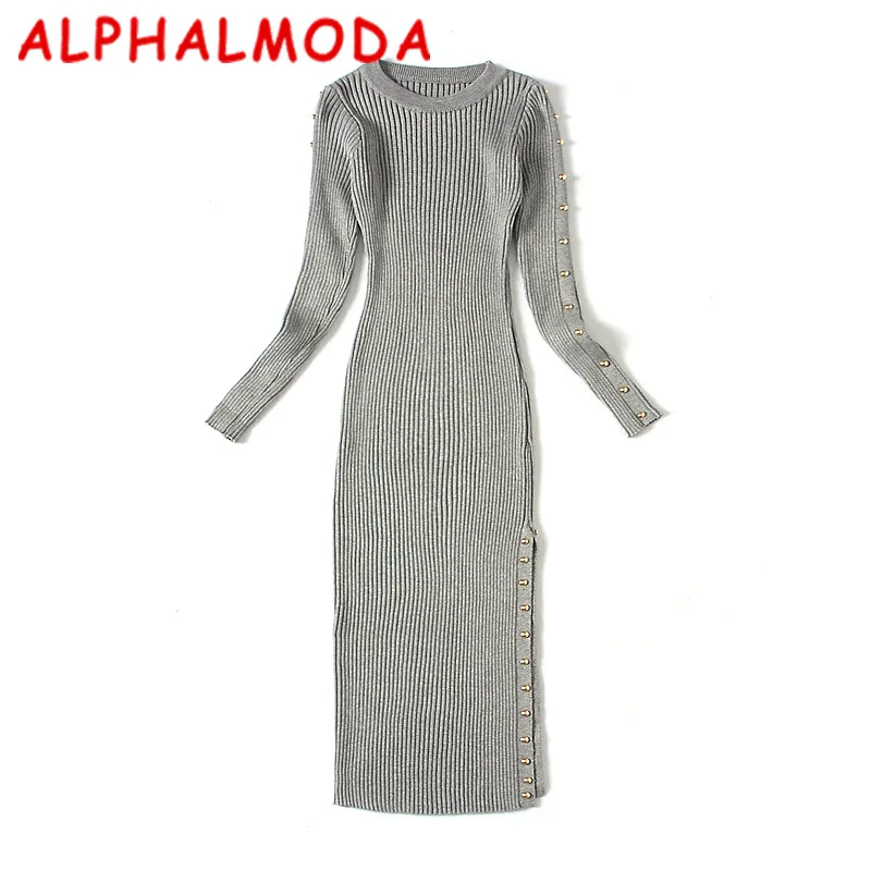 Женское трикотажное платье ALPHALMODA облегающее с заклепками низким разрезом и