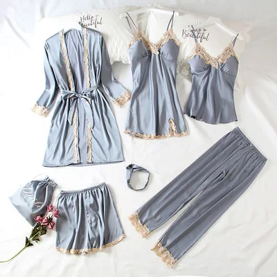 gray Daeyard женские Модные 7 штук пижамы наборы шелк Embroideryed пижамы Для женщин пикантные кружевные пижамы наборы Весна Летняя домашняя одежда - Цвет: gray