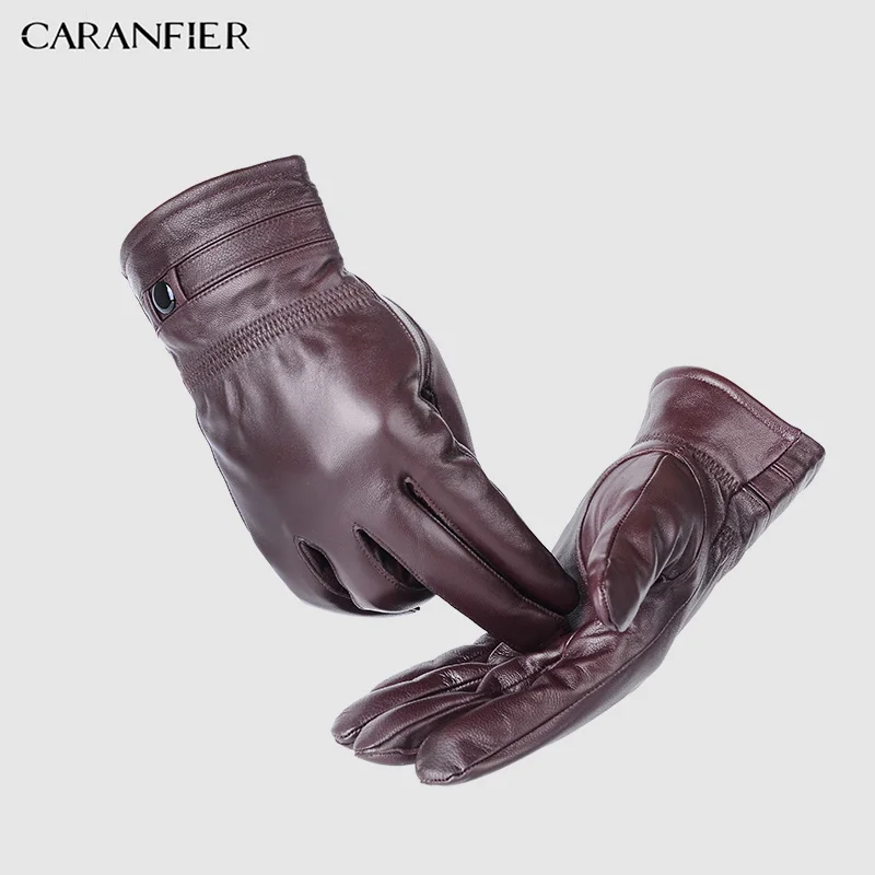 Мужские перчатки из натуральной кожи CARANFIER зимние теплые бархатные овечьей