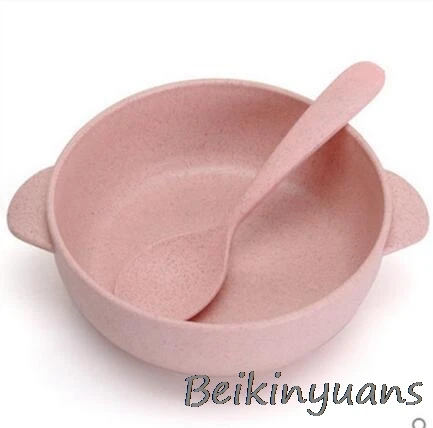 Pink Детская пищевая добавка чаша Пшеничная солома детская чаша посуда с изображениями фруктов с ложкой кухня пластиковая чаша дорожная посуда - Цвет: Pink