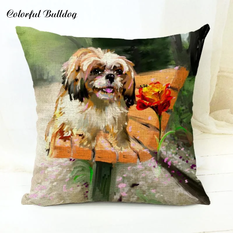 11 Милая мультяшная собачка, картина маслом, Shih Tzu, Наволочка на подушку, 17 дюймов, льняная декоративная домашняя подушка для сиденья автомобиля, осенняя подушка для леса - Цвет: 11
