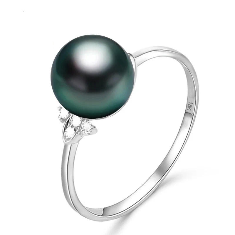 

[YS] 18K Solid White Gold Pearl Ring 8-9mm Black Tahitian Pearl Ring Fine Jewelry