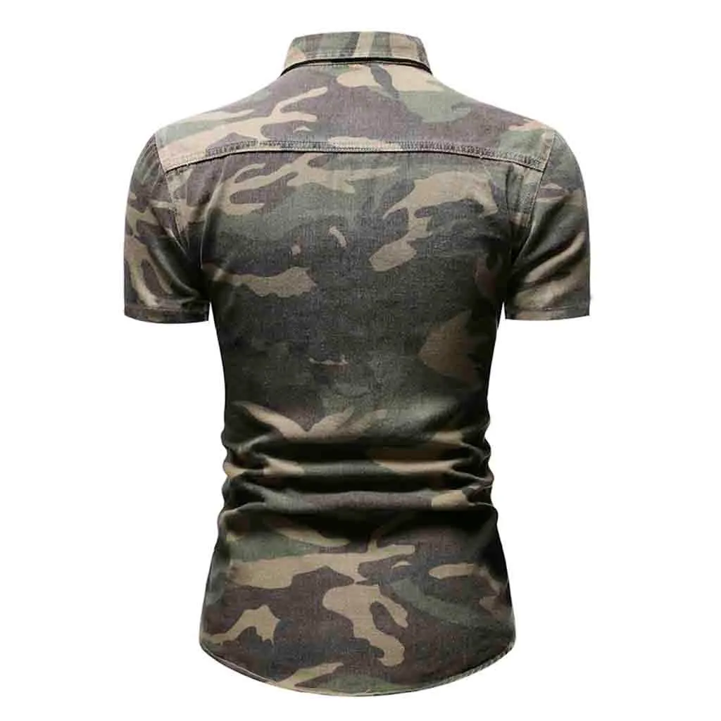 New Men's Shirts Men's Casual Camouflag Slim Fit Button Shirt Pocket Short Sleeve Tops Blouse Blouses Top